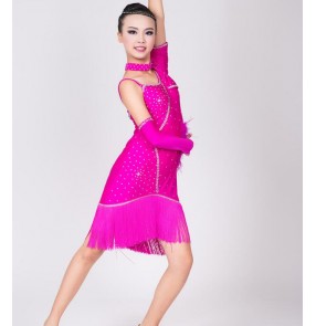 Fuchsia hot pink neon yellow red rhinestones  fringes one shoulder girls kids children competition performance professional latin dance dresses